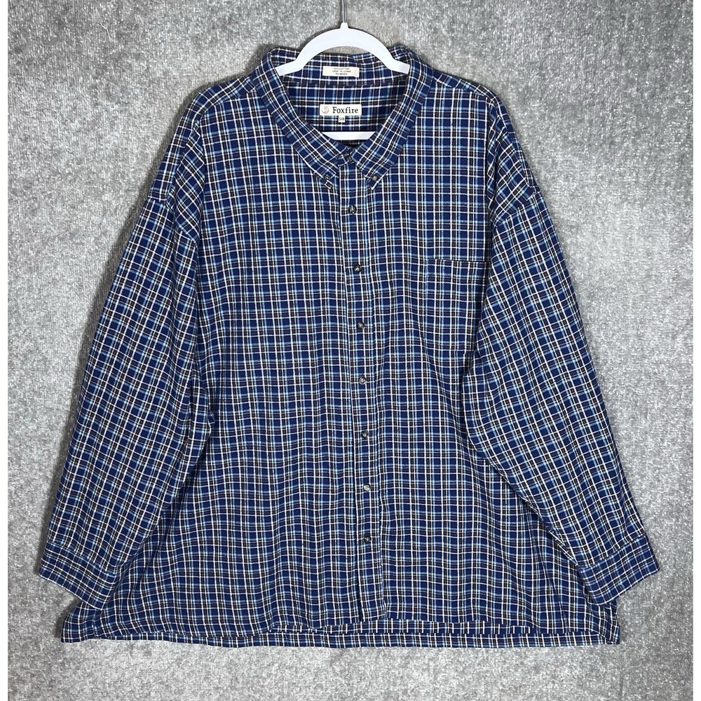 Foxfire Button Down Flannel Shirt Mens Size 5XB Blue Plaid Cotton Long Sleeve